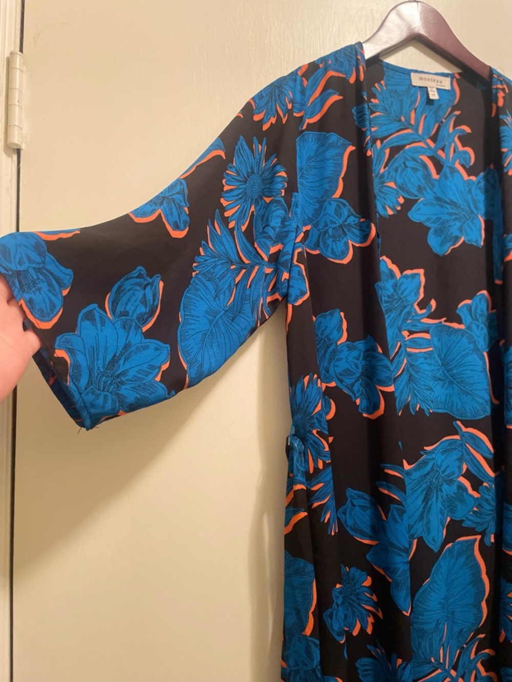 Kaftan with Vibrant Blue and Orange Tropical Print made by Monteau Size Medium